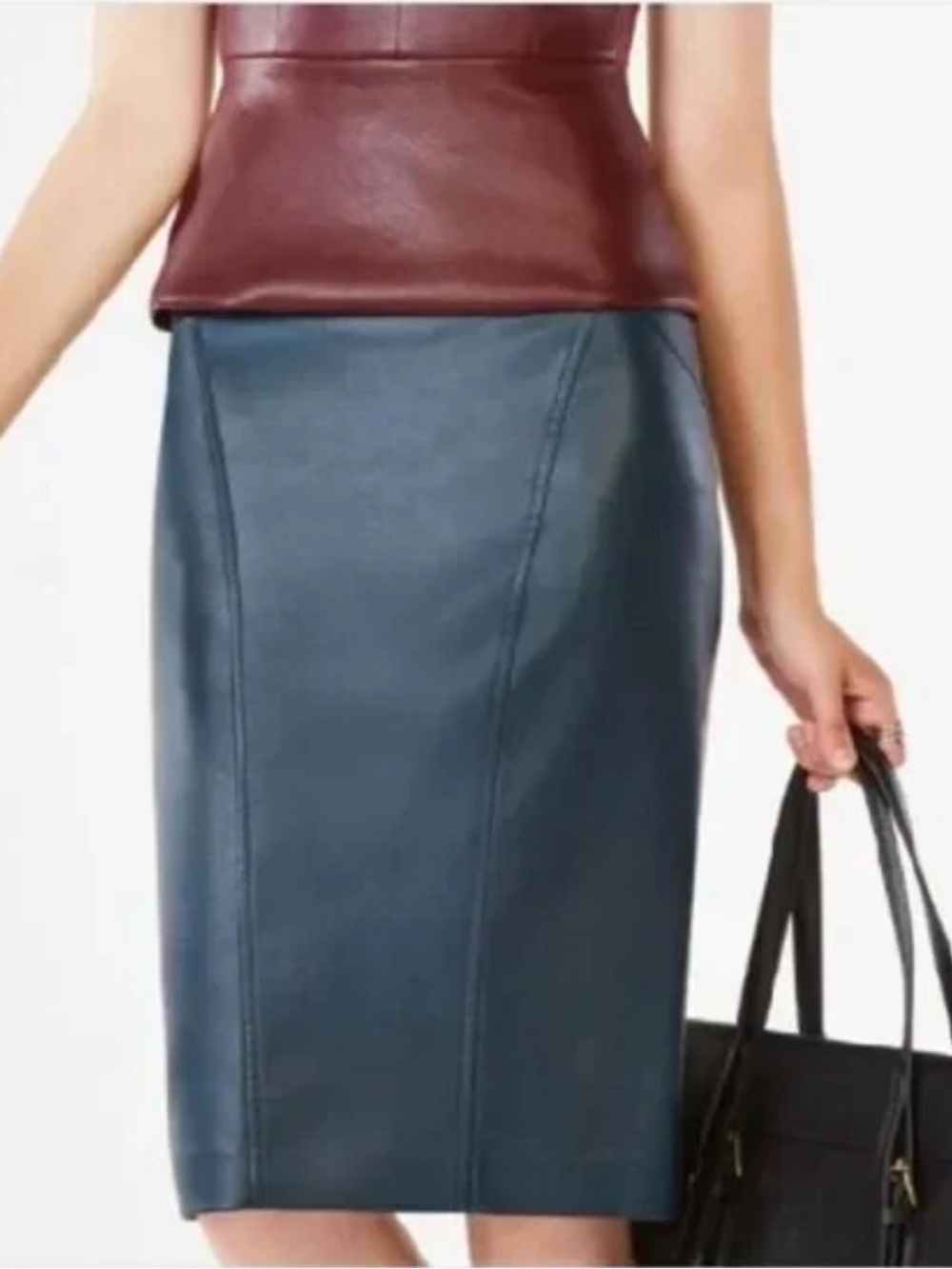BCBG MAXAZRIA Faux Leather Pencil Skirt Knee Length with Slit Gothic Black Large